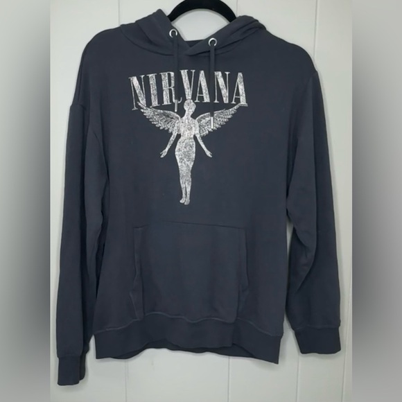 H&M Nirvana Black Oversized Long Sleeve Hoodie Women’s XS - Picture 1 of 9